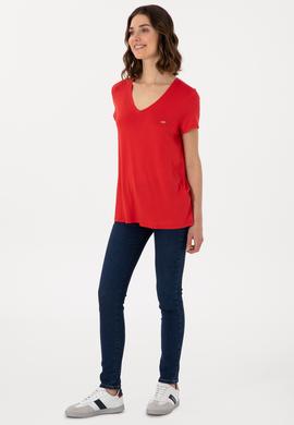 Kadın Kırmızı V Yaka Basic Tişört - 50280019017