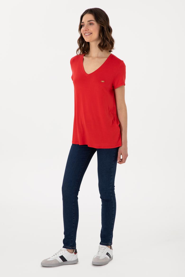 Kadın Kırmızı V Yaka Basic Tişört - 50280019017