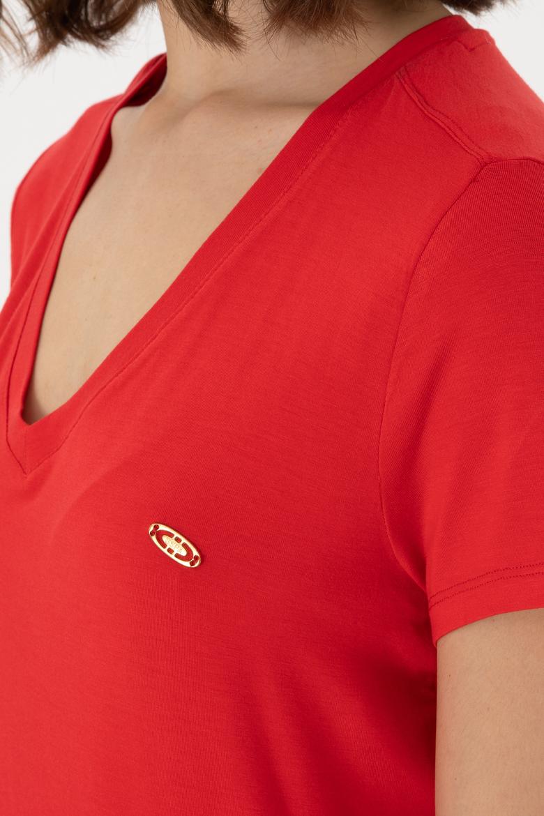 Kadın Kırmızı V Yaka Basic Tişört - 50280019017