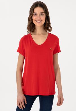 Kadın Kırmızı V Yaka Basic Tişört - 50280019017