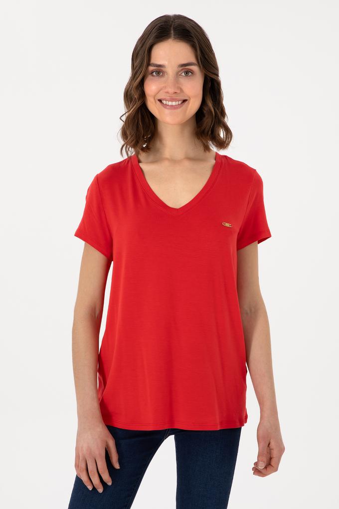 Kadın Kırmızı V Yaka Basic Tişört