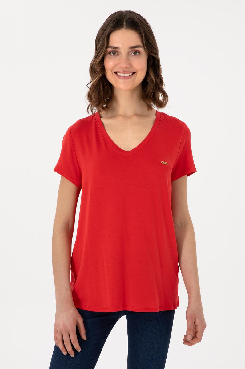 Kadın Kırmızı V Yaka Basic Tişört