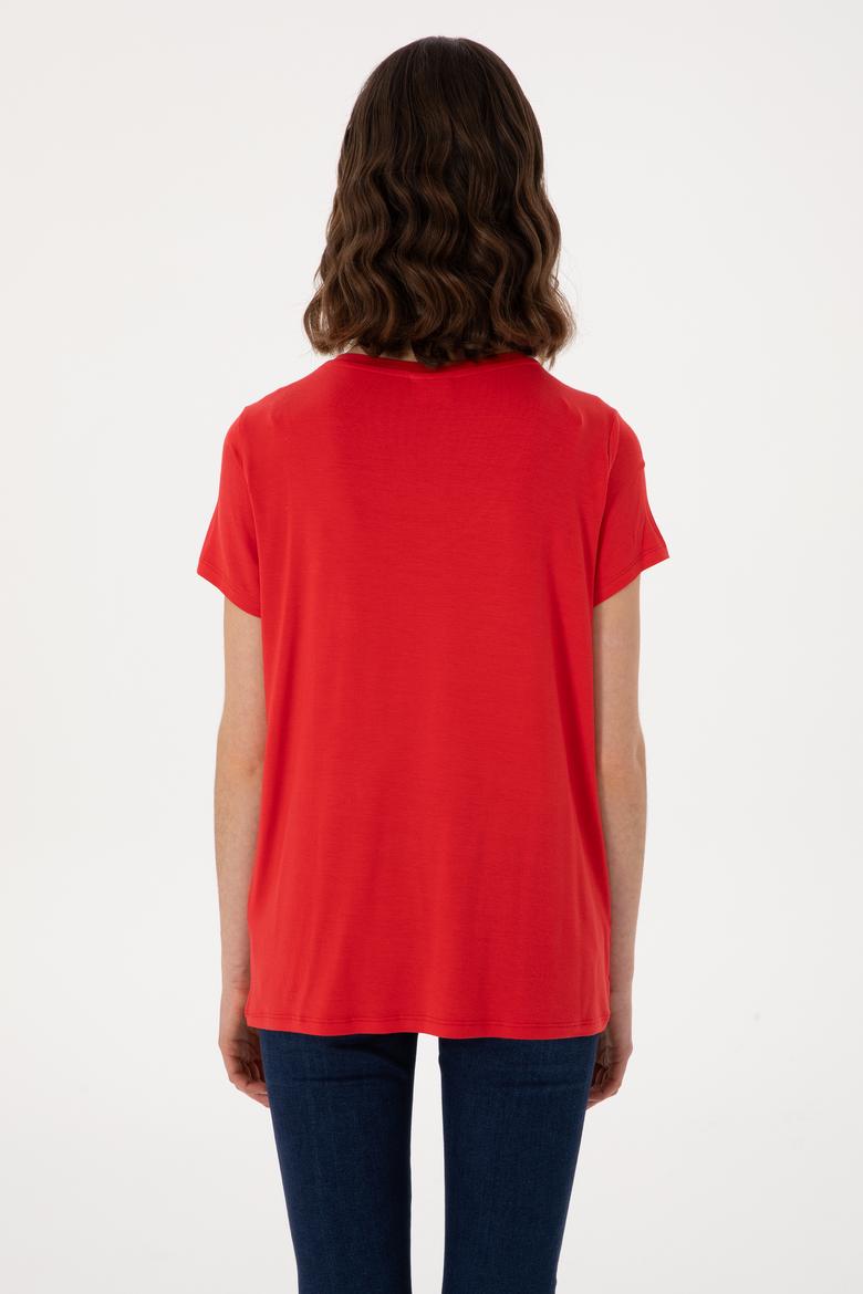 Kadın Kırmızı V Yaka Basic Tişört - 50280019017