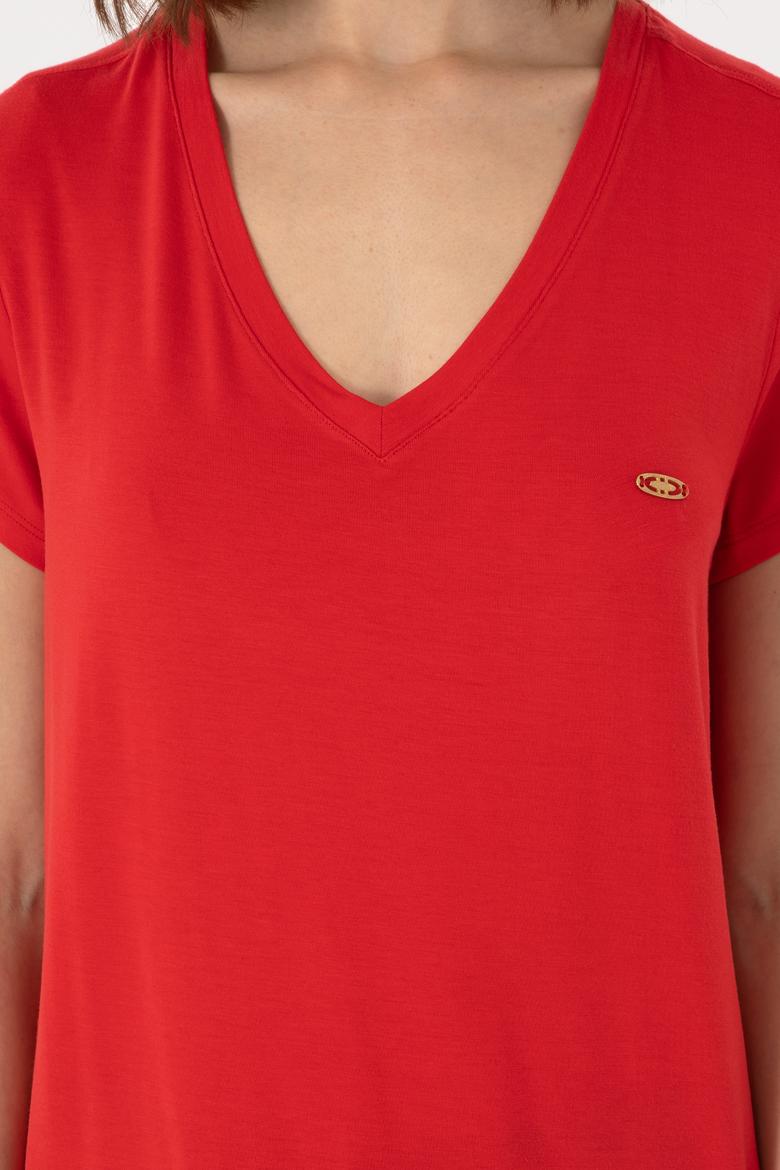 Kadın Kırmızı V Yaka Basic Tişört - 50280019017