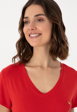 Kadın Kırmızı V Yaka Basic Tişört - 50280019017