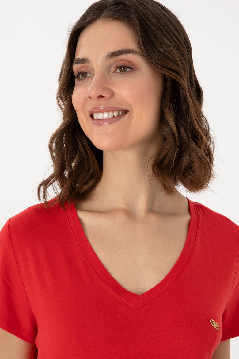 Kadın Kırmızı V Yaka Basic Tişört - 50280019017