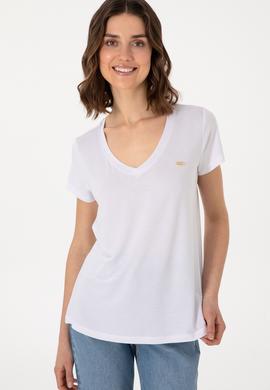 Kadın Beyaz V Yaka Basic Tişört - 50300829004