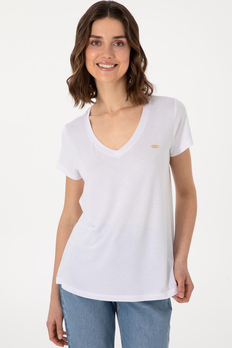 Kadın Beyaz V Yaka Basic Tişört - 50300829004