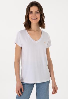 Kadın Beyaz V Yaka Basic Tişört - 50300829004