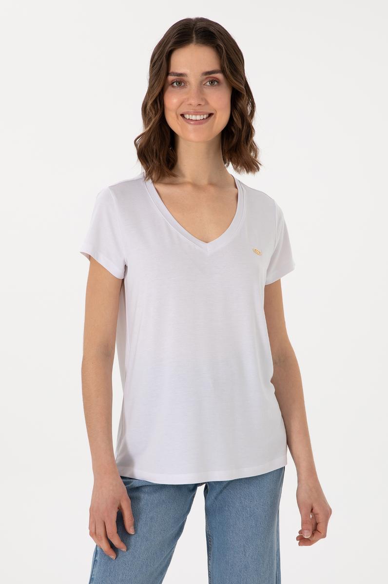 Kadın Beyaz V Yaka Basic Tişört