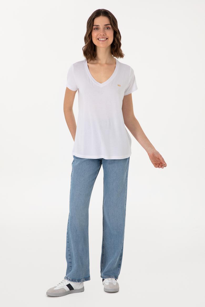Kadın Beyaz V Yaka Basic Tişört - 50300829004