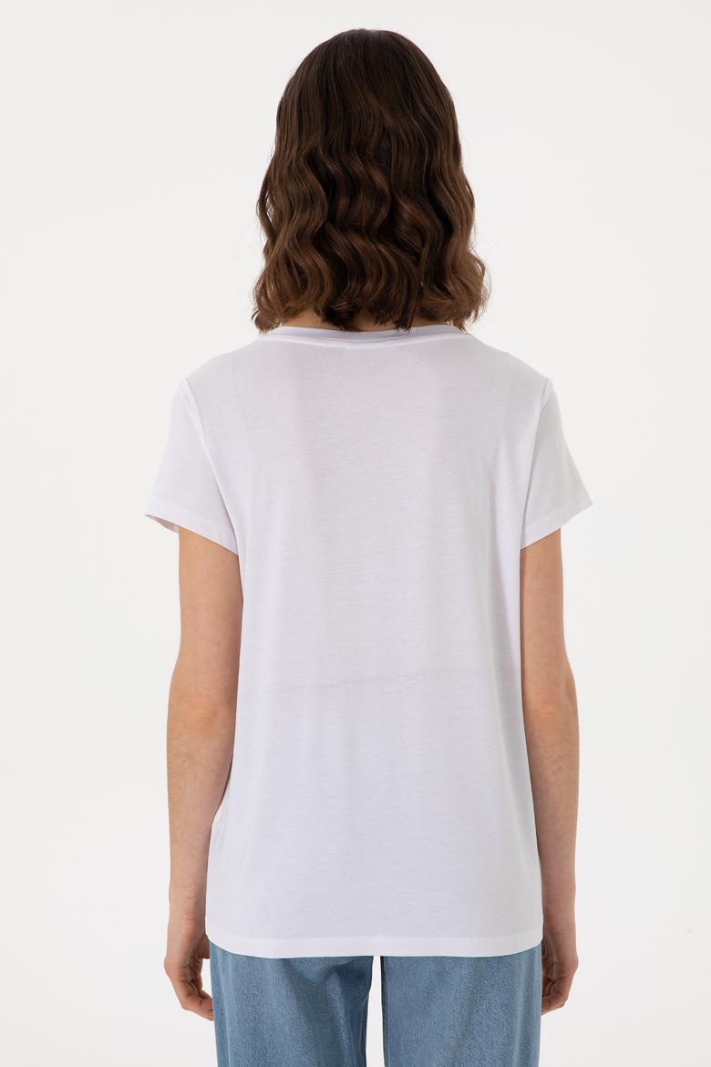 Kadın Beyaz V Yaka Basic Tişört - 50300829004