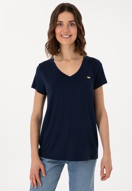 Kadın Lacivert V Yaka Basic Tişört - 50300829023