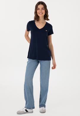 Kadın Lacivert V Yaka Basic Tişört - 50300829023