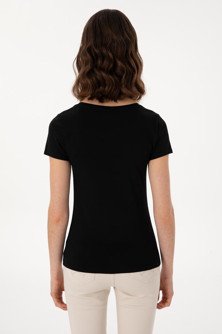 Kadın Siyah Bisiklet Yaka Tişört - 50300894037