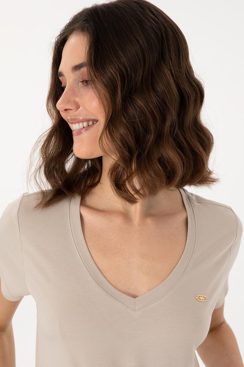 Kadın Taş V Yaka Basic Tişört - 50300829143