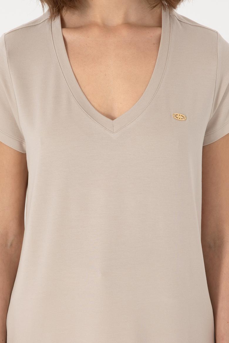 Kadın Taş V Yaka Basic Tişört - 50300829143