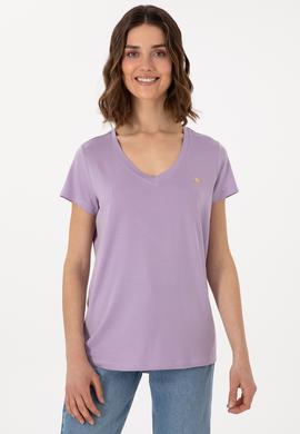 Kadın Lila V Yaka Basic Tişört - 50300829123