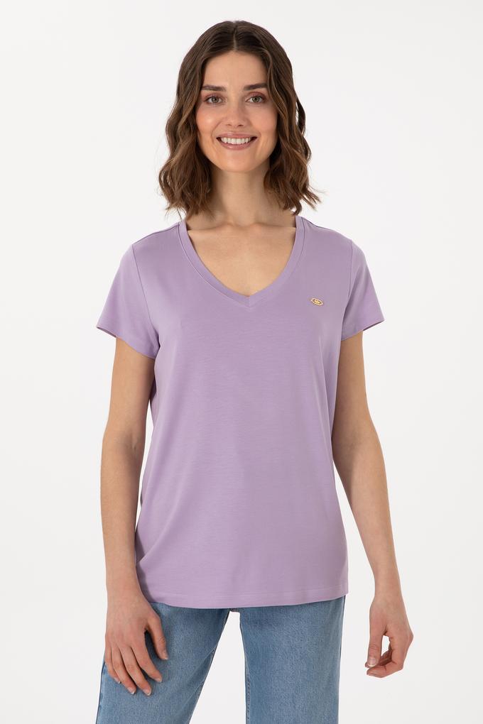 Kadın Lila V Yaka Basic Tişört