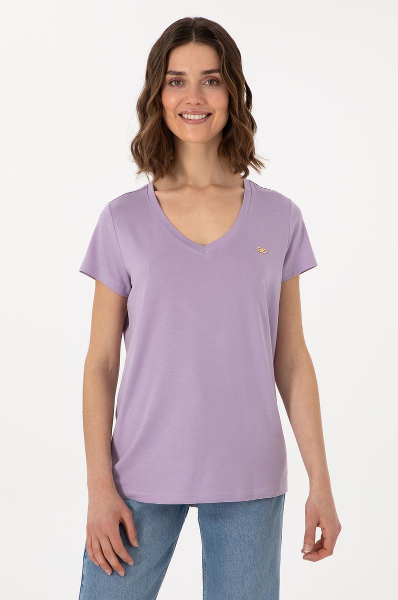 Kadın Lila V Yaka Basic Tişört