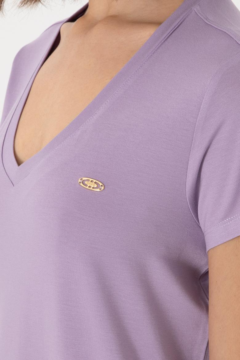 Kadın Lila V Yaka Basic Tişört - 50300829123