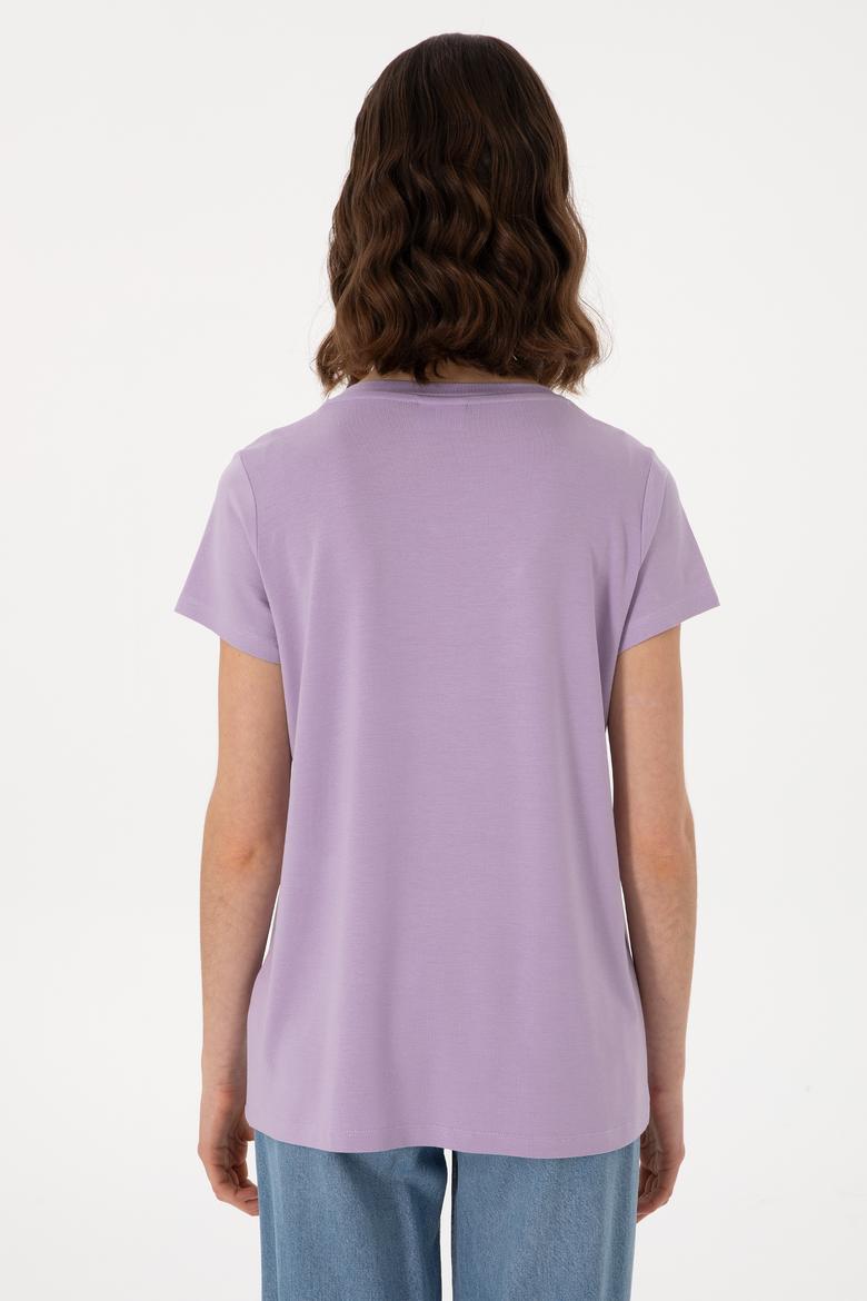 Kadın Lila V Yaka Basic Tişört - 50300829123