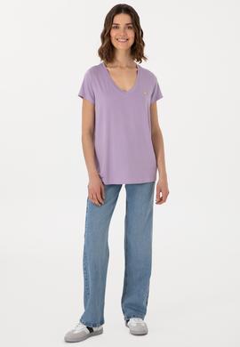 Kadın Lila V Yaka Basic Tişört - 50300829123
