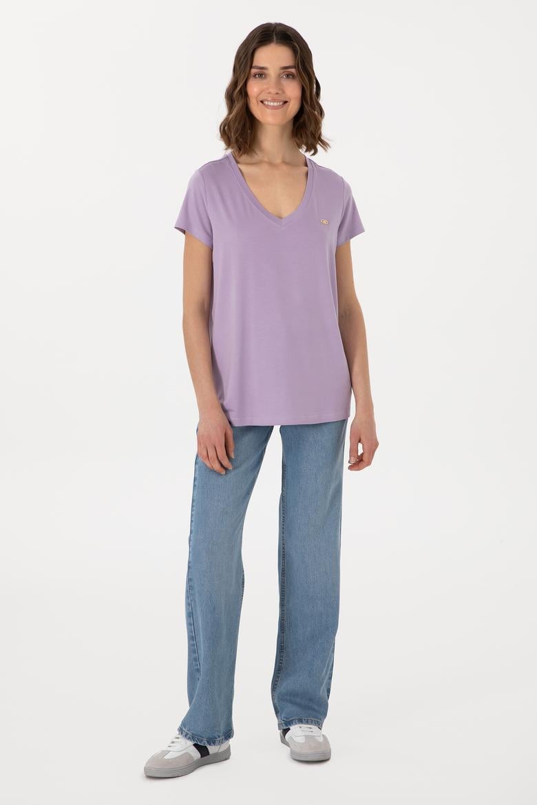 Kadın Lila V Yaka Basic Tişört - 50300829123