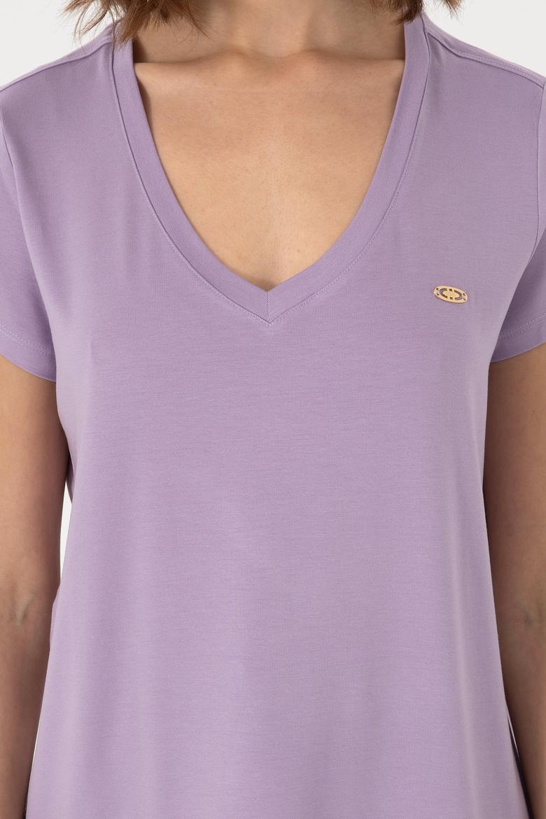 Kadın Lila V Yaka Basic Tişört - 50300829123