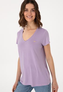 Kadın Lila V Yaka Basic Tişört - 50300829123