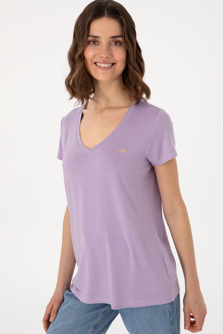 Kadın Lila V Yaka Basic Tişört - 50300829123