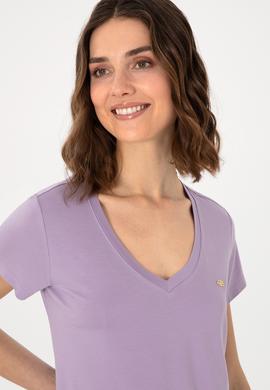 Kadın Lila V Yaka Basic Tişört - 50300829123