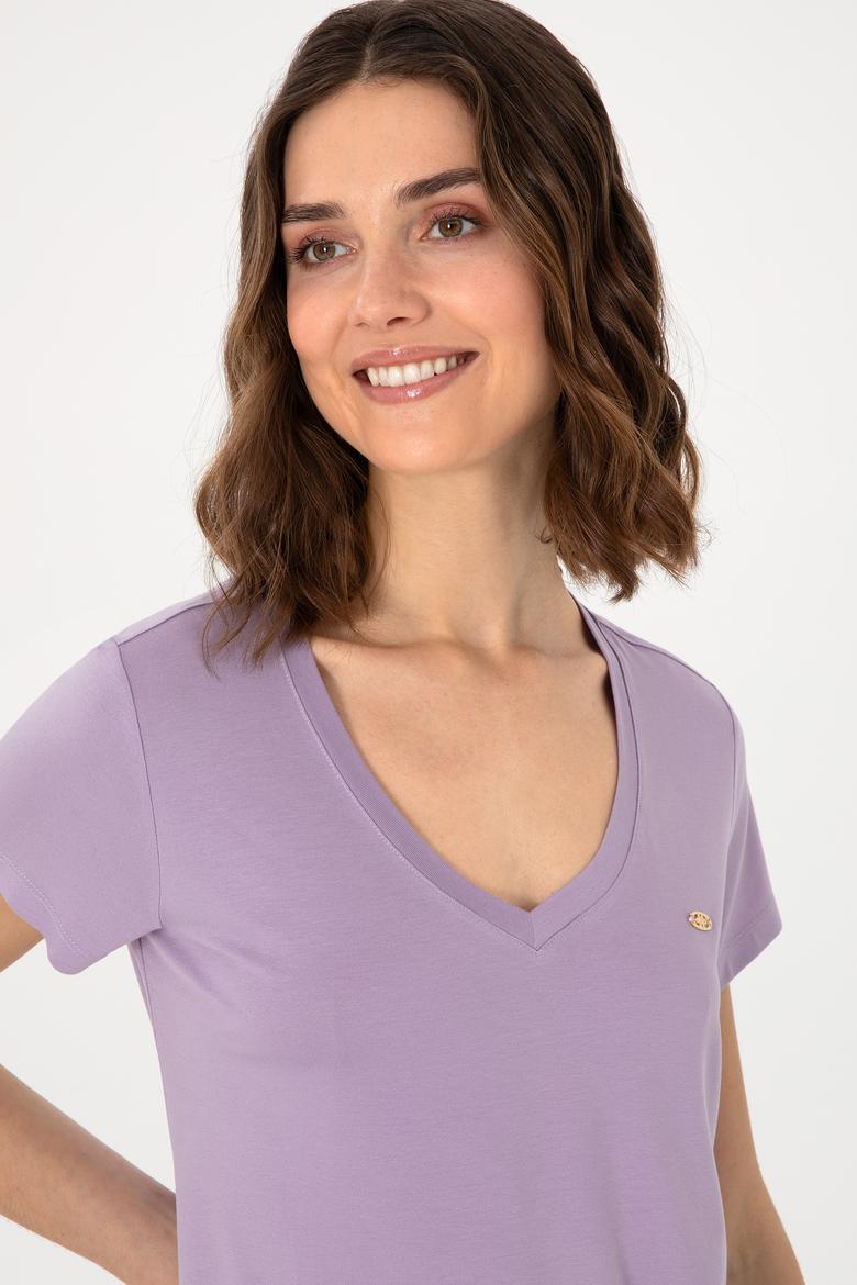 Kadın Lila V Yaka Basic Tişört - 50300829123