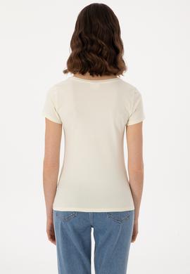 Kadın Krem Bisiklet Yaka Tişört - 50300894042