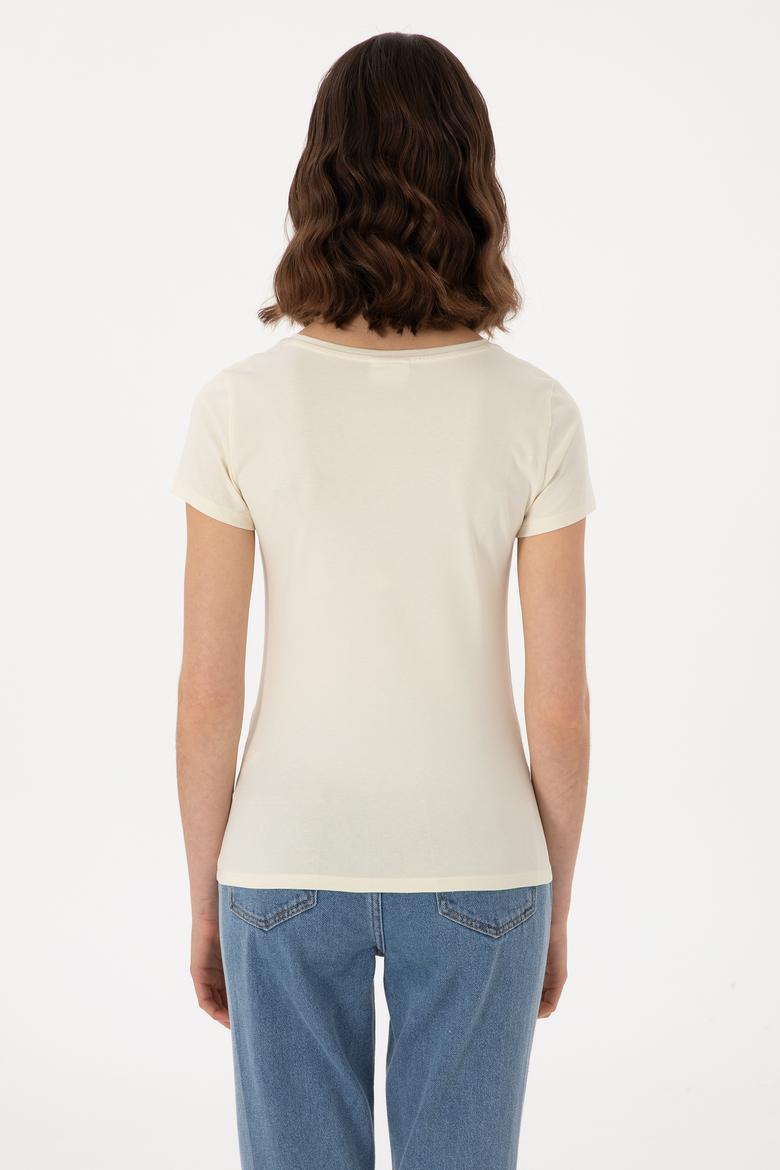 Kadın Krem Bisiklet Yaka Tişört - 50300894042