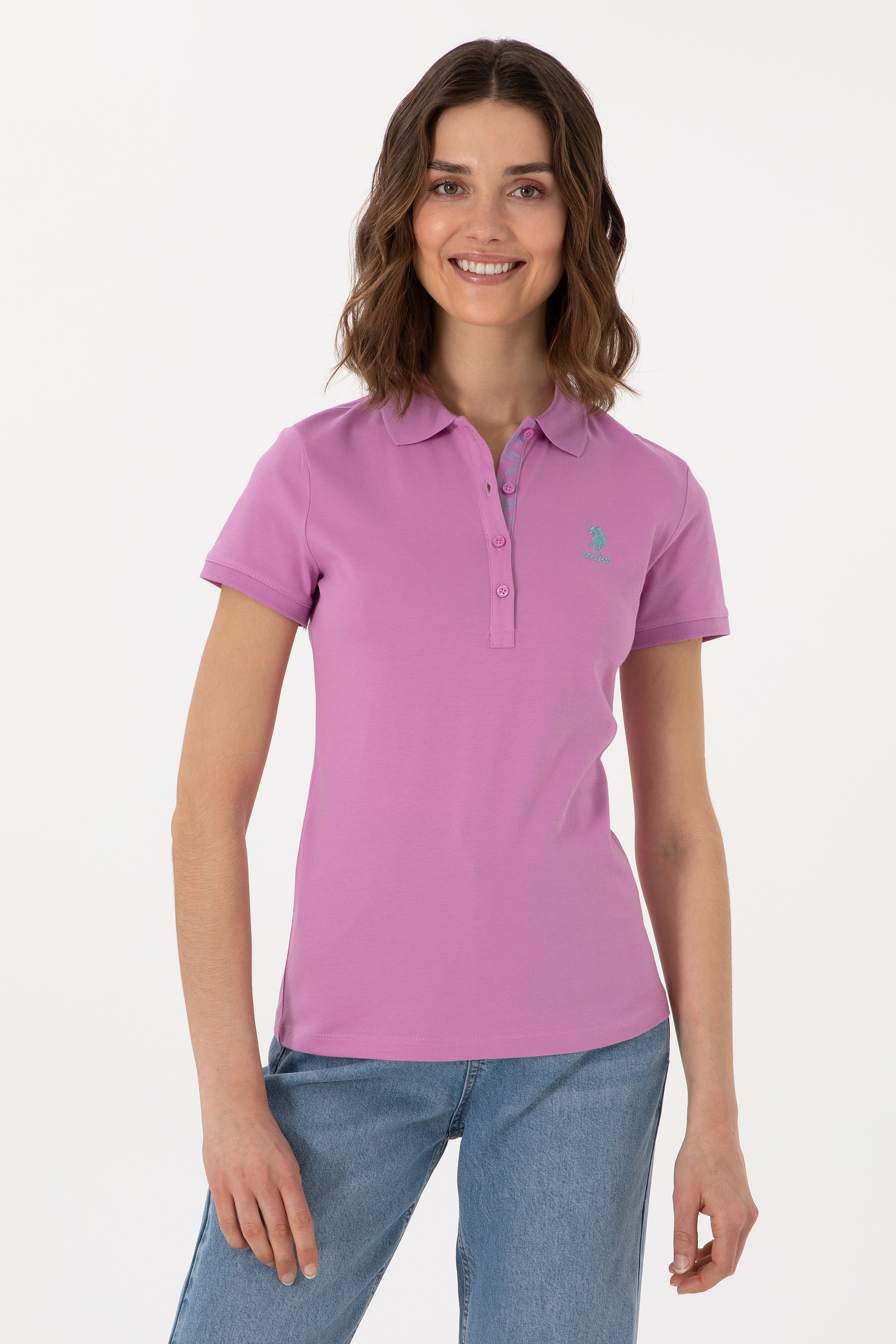 Kadın Fuşya Basic Polo Yaka Tişört - Image 1