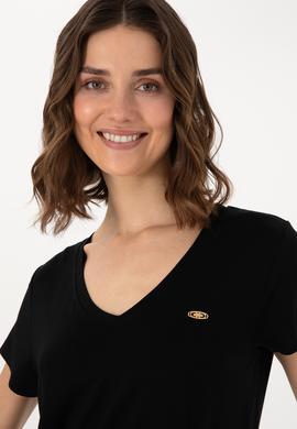 Kadın Siyah V Yaka Basic Tişört - 50300829033