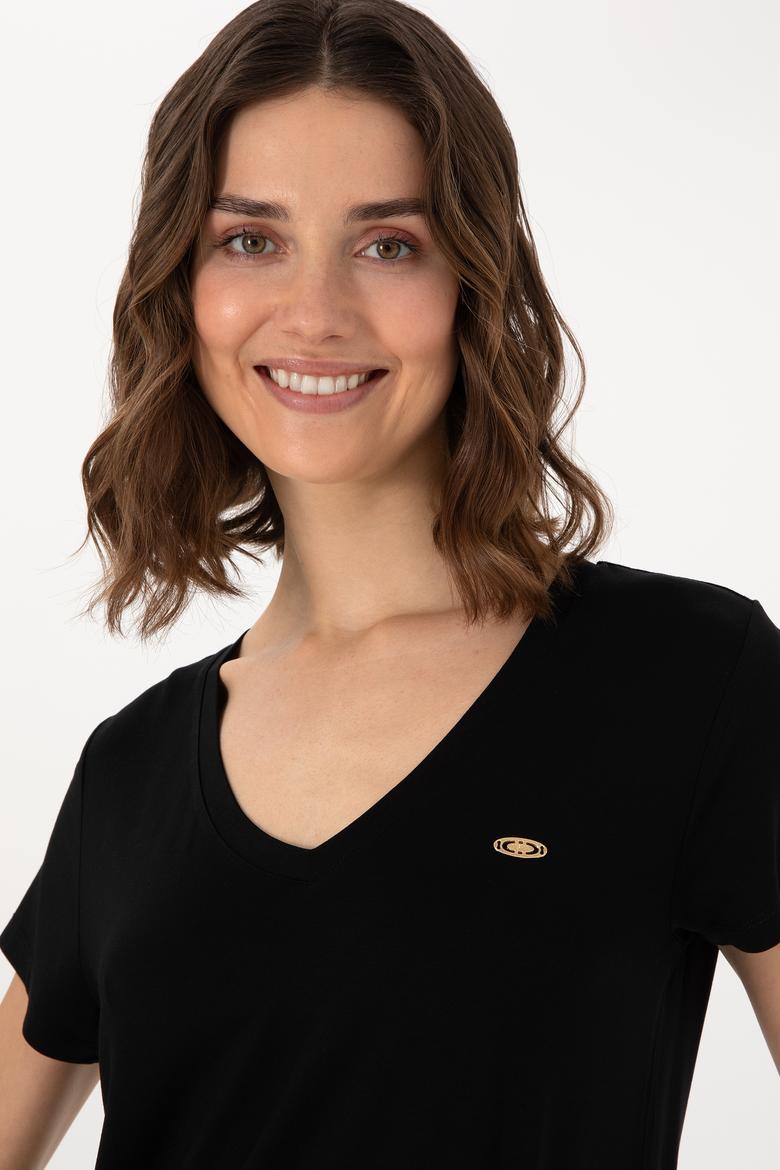 Kadın Siyah V Yaka Basic Tişört - 50300829033