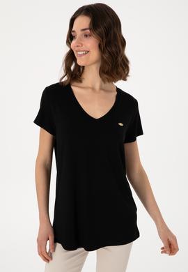 Kadın Siyah V Yaka Basic Tişört - 50300829033