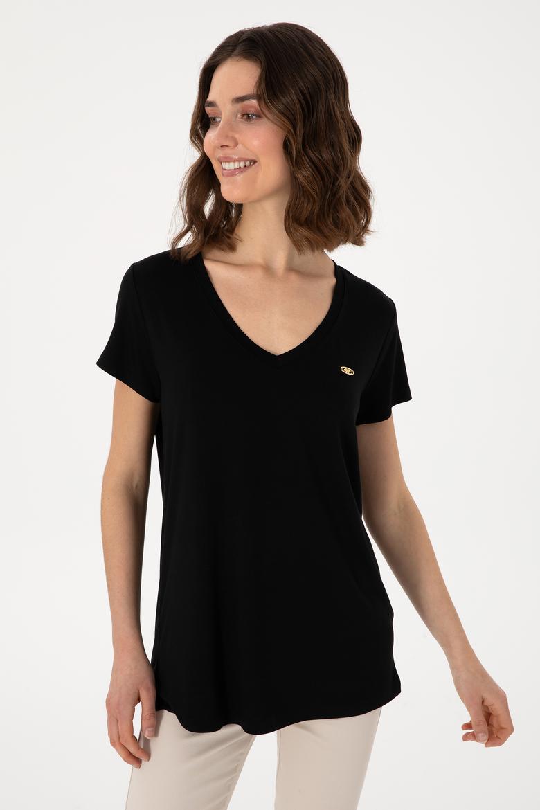 Kadın Siyah V Yaka Basic Tişört - 50300829033