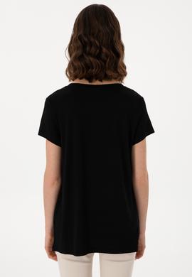 Kadın Siyah V Yaka Basic Tişört - 50300829033