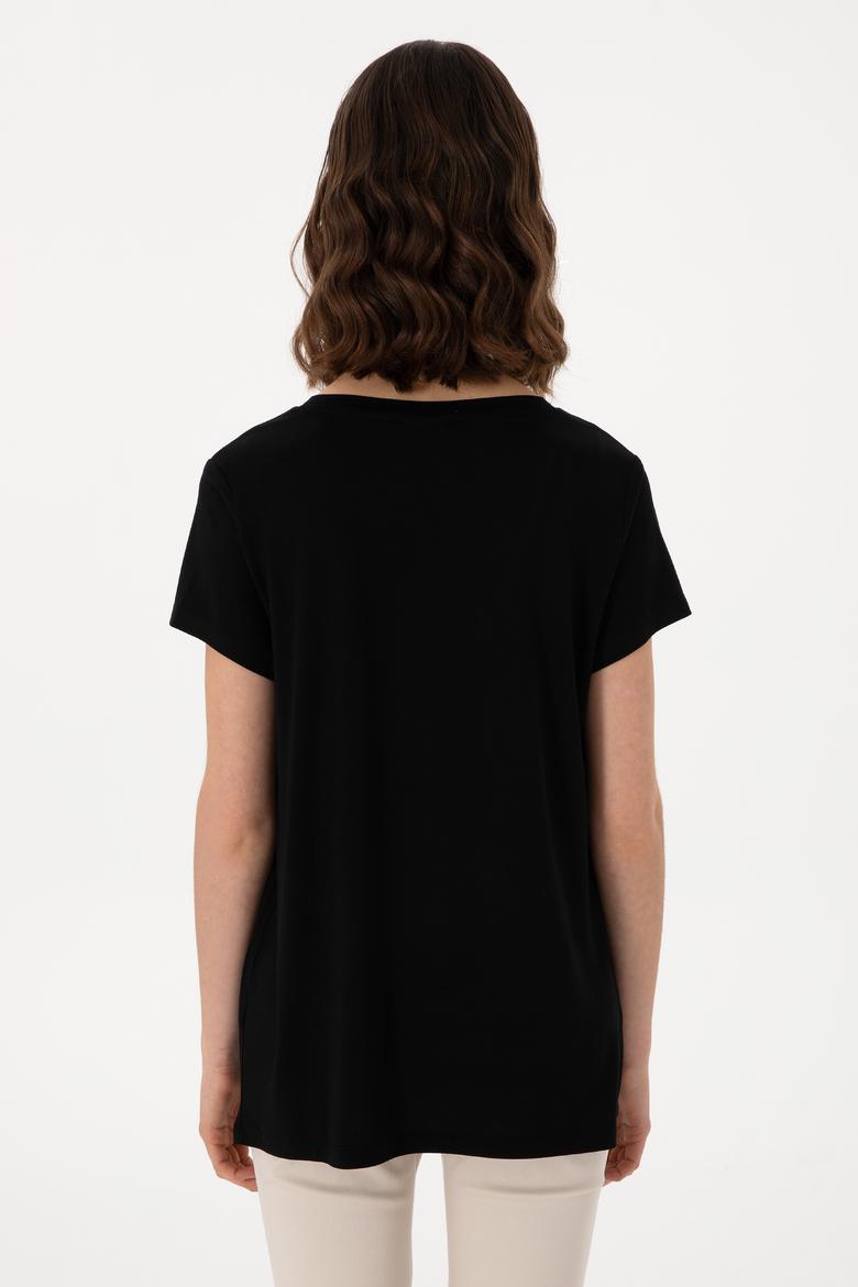 Kadın Siyah V Yaka Basic Tişört - 50300829033