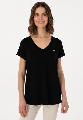 Kadın Siyah V Yaka Basic Tişört - 50300829033