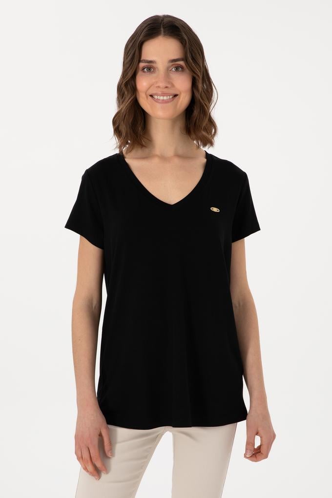 Kadın Siyah V Yaka Basic Tişört