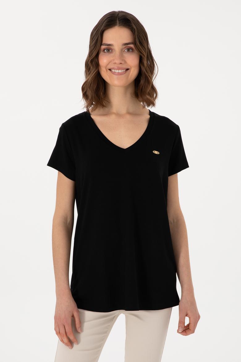 Kadın Siyah V Yaka Basic Tişört