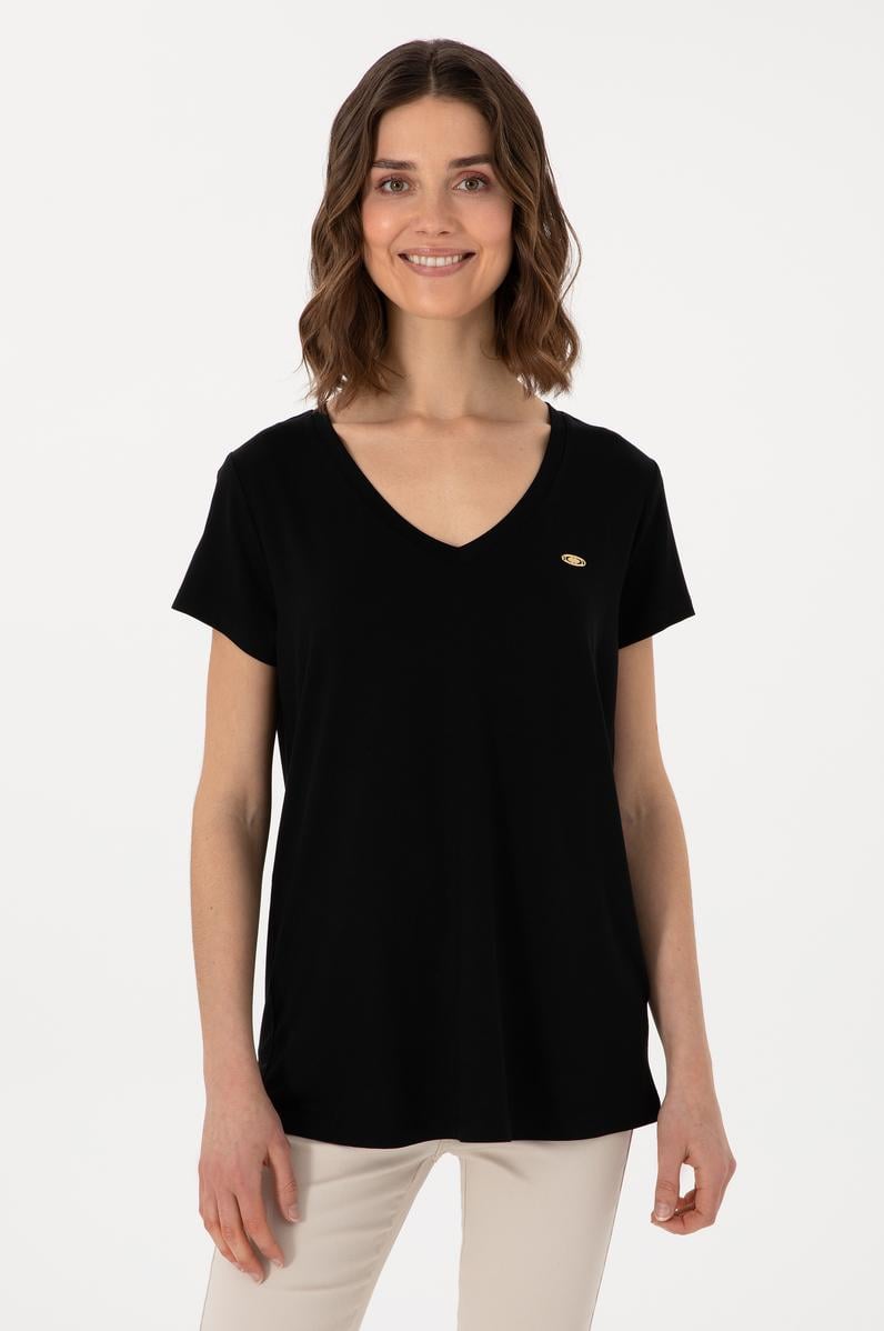 Kadın Siyah V Yaka Basic Tişört