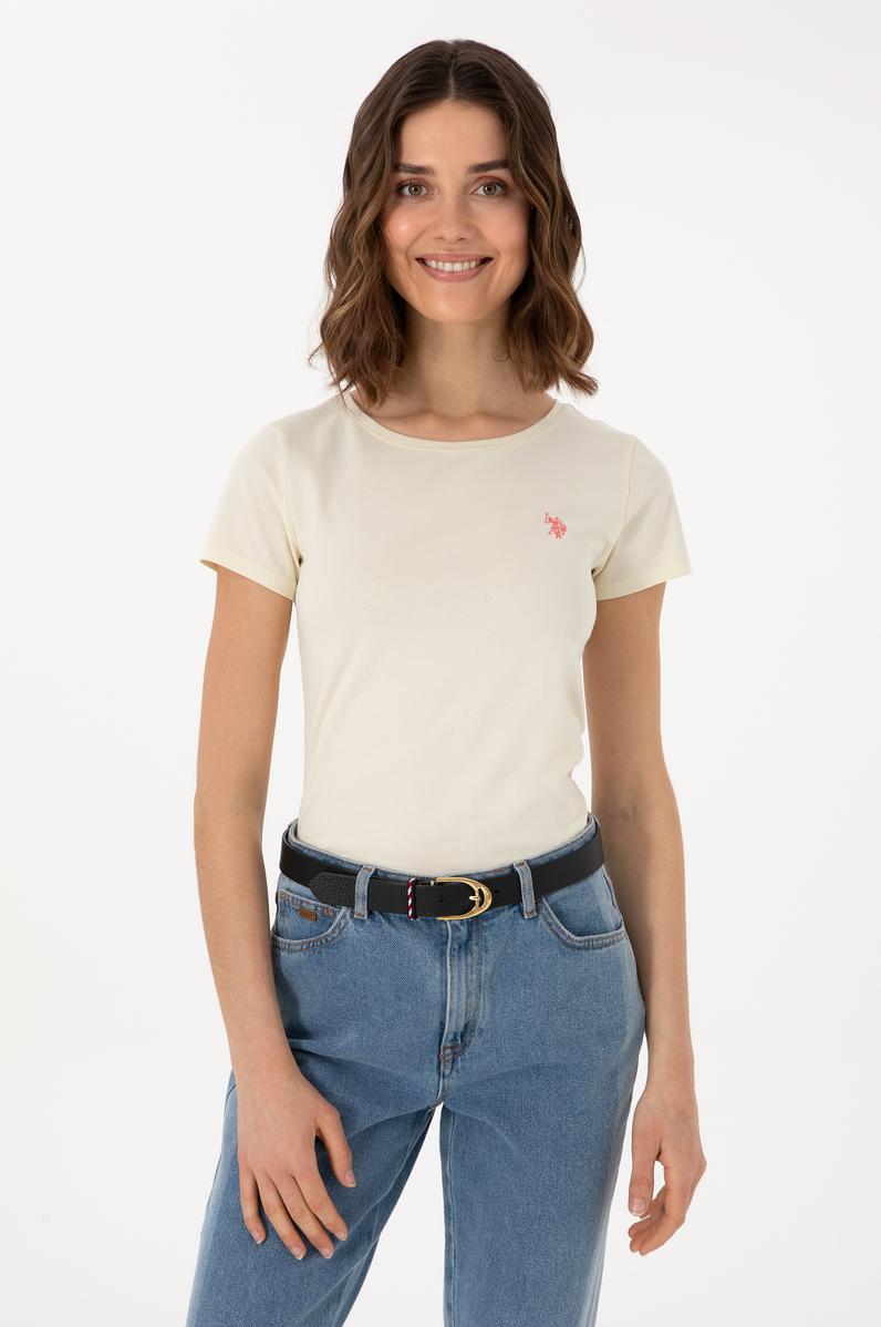 Kadın Krem Bisiklet Yaka Tişört