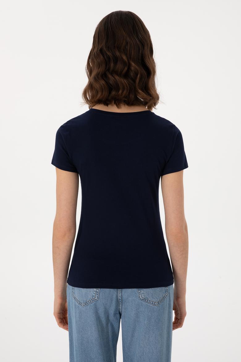 Kadın Lacivert Bisiklet Yaka Tişört - 50300894021