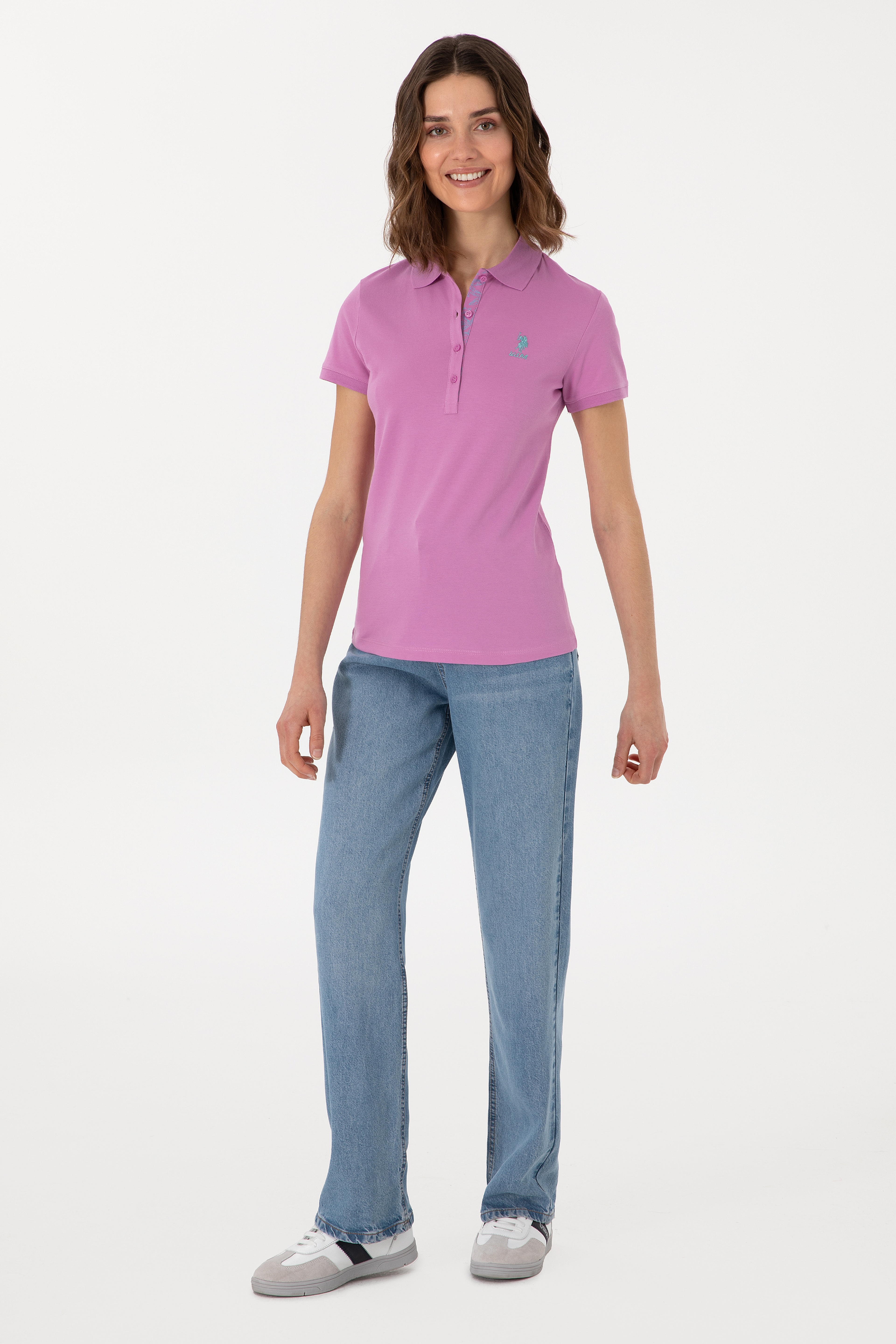 Kadın Fuşya Basic Polo Yaka Tişört - Image 4