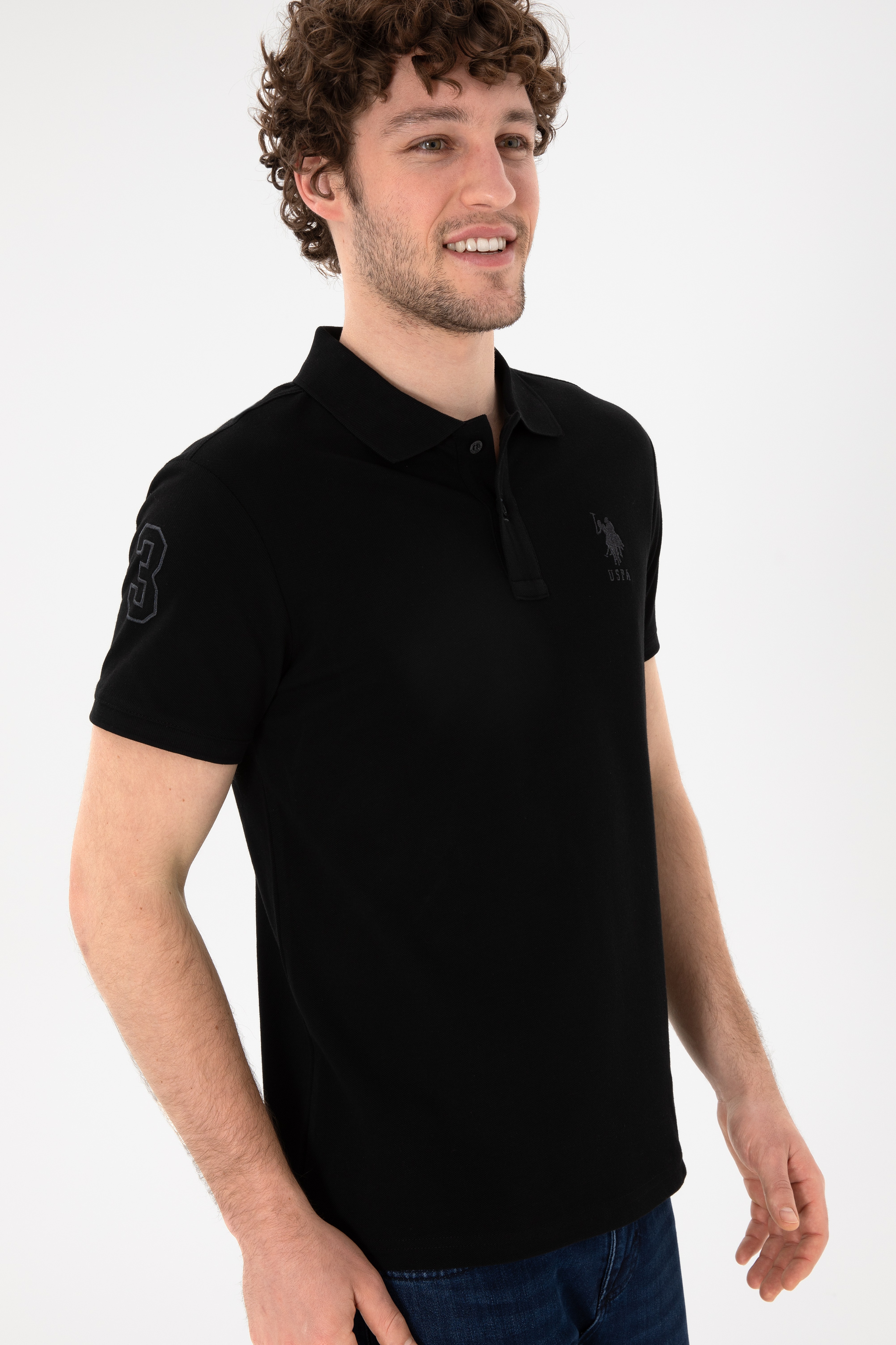 Erkek Slim Fit Polo Yaka Siyah Basic Tişört - Image 4